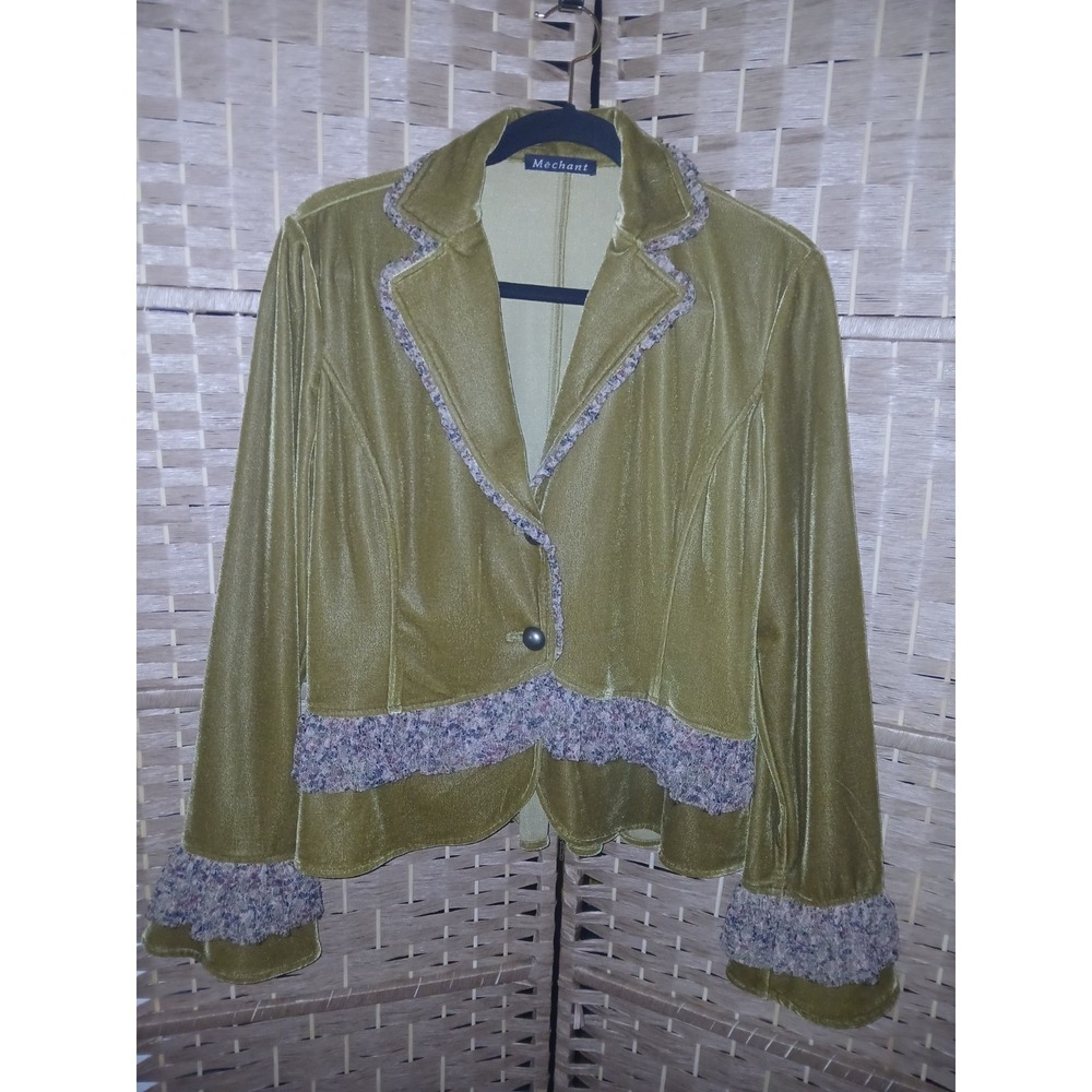 Women's Velvet Jacket Olive Green Lace Trim Sz L Boho Steampunk Victorian